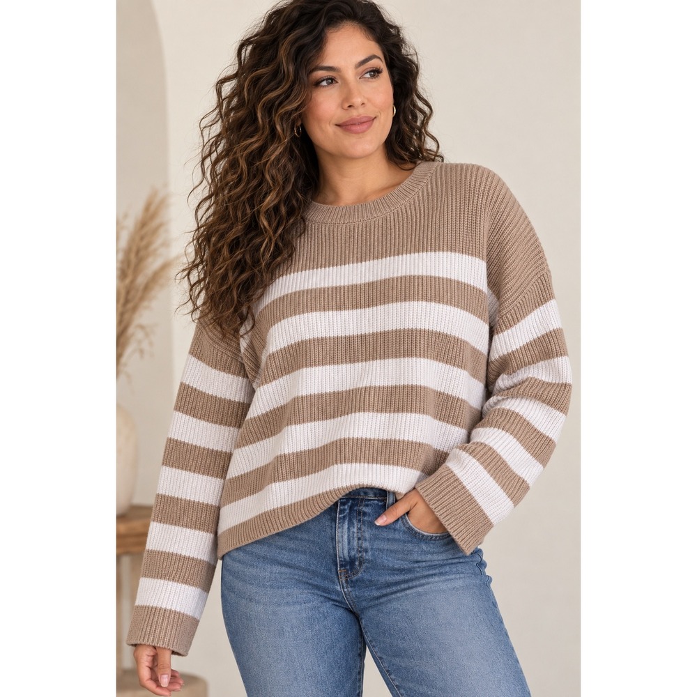 Sincerely Jules Striped Ribbed Knit Crop Sweater Tan/White Coastal Minimalist